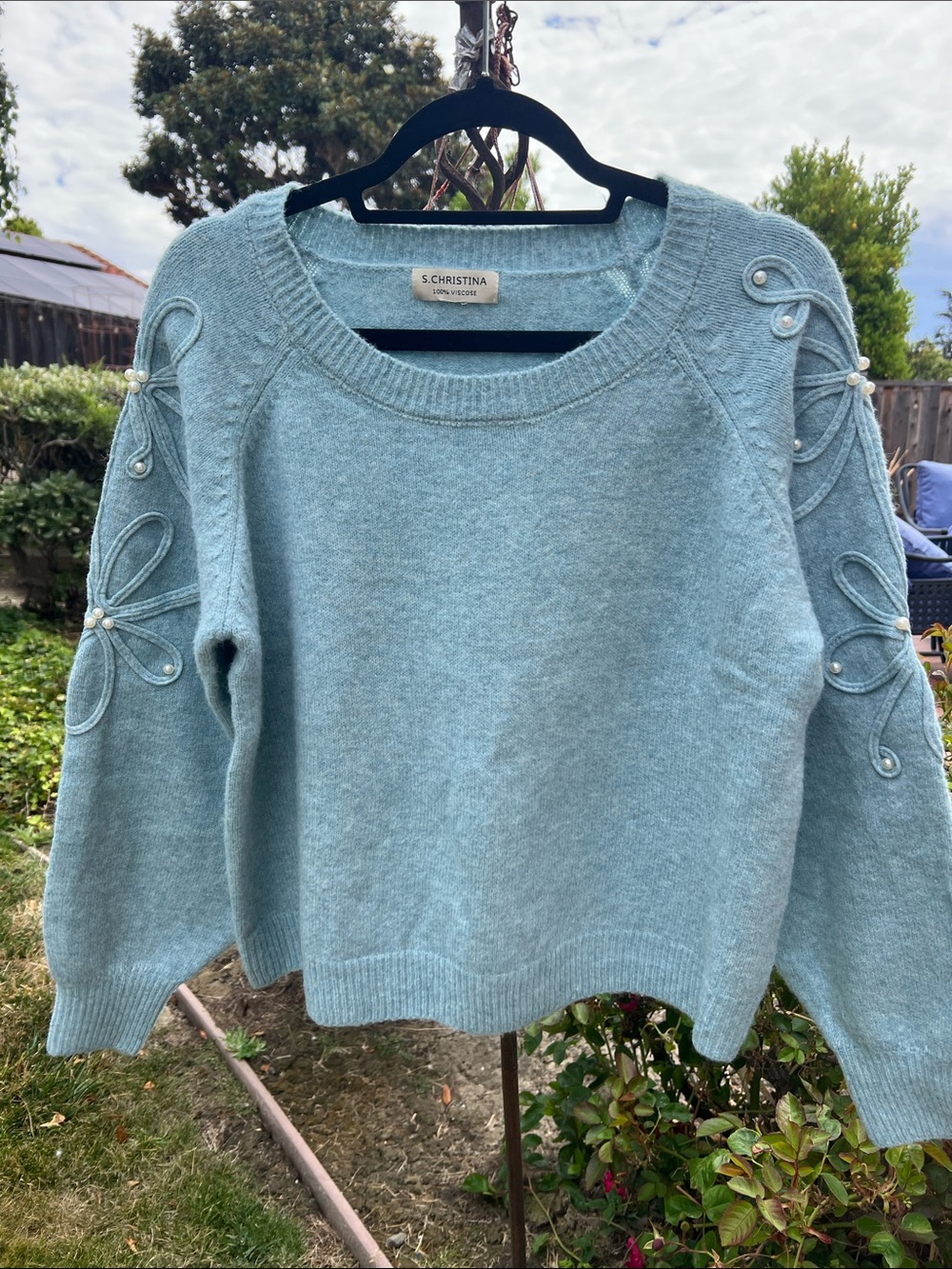 Blue Bow-Accent Crewneck Sweater